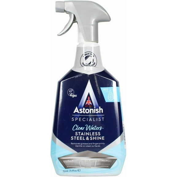 Astonish Specialist Stainless Steel Cleaner & Shine Spray, Clear Waters - Streak-Free Polished Finish for Fridge, Range Hood & Back Splash - Remove Grease & Watermarks, Vegan, Cruelty-Free, 750ml
