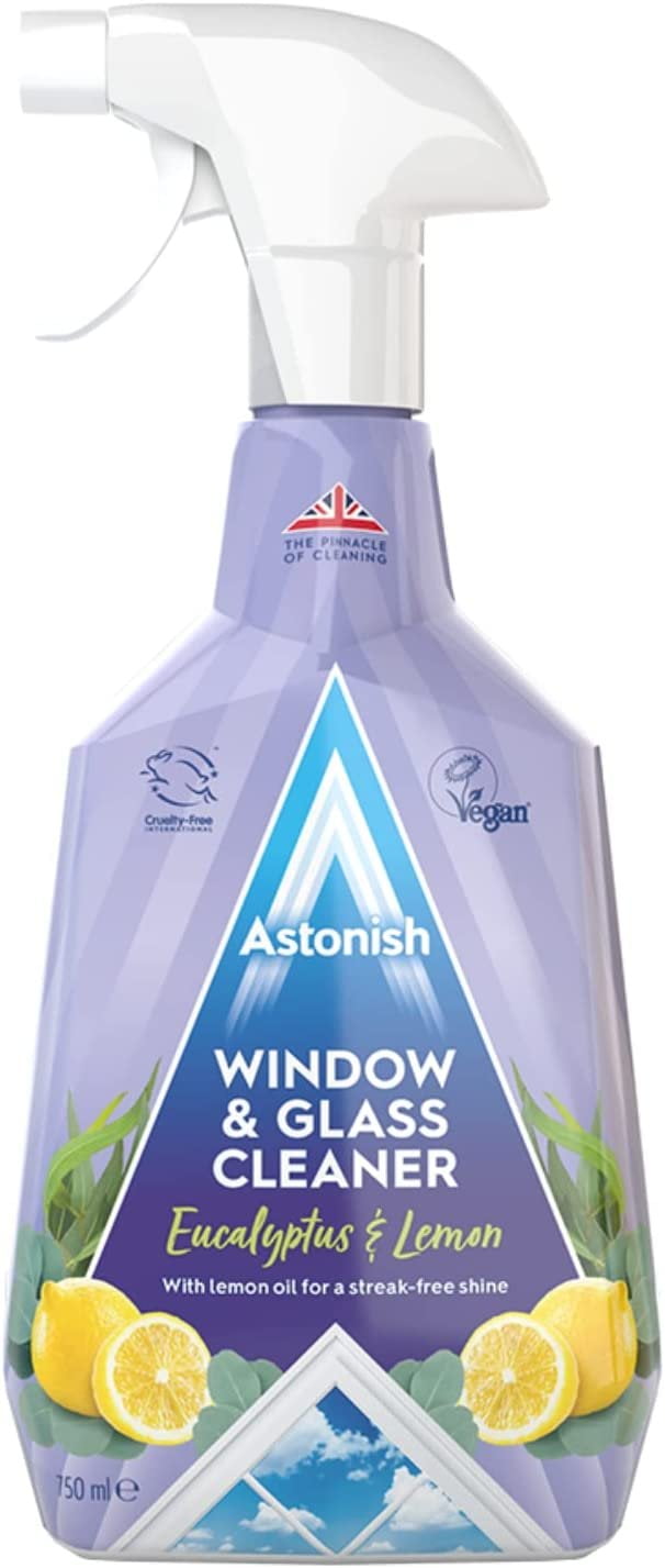 Astonish Streak Free Window & Glass Cleaner Spray Bottle With Vinegar For Deep Cleaning - Eucalyptus & Lemon Scented Home And Bathroom Cleaner - Vegan Cruelty Free Household Cleaning Supplies, 750ml