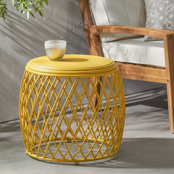 Astonishing Matte Yellow Iron Side Table, Element Reinforced, 19.54"x19.54"x18.21", 20 Lbs Load Capacity Reinforcement Breathtaking Design Emphasized, Load-bearing Enhanced