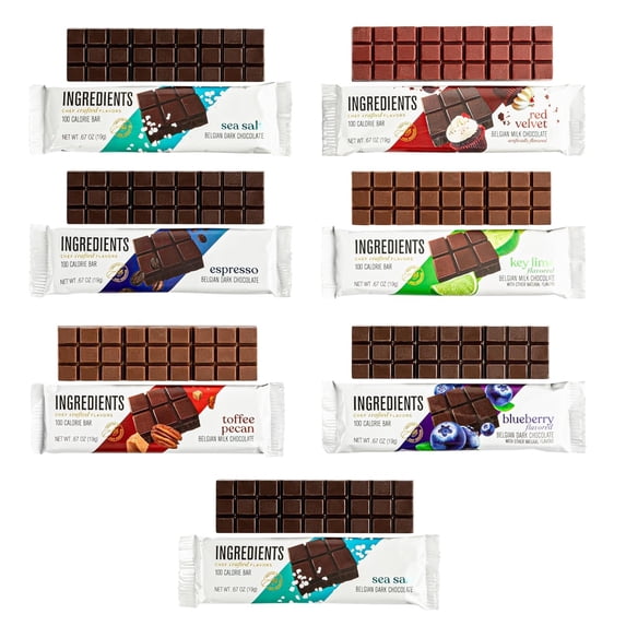 Astor Chocolate 100 Calorie Bar Pack l 7 count 0.67oz Bars Variety Pack  6 Assorted Flavors 54% Dark Chocolate Sea Salt, Milk Chocolate Pecan, Milk Chocolate Key Lime, Dark Chocolate Blueberry,...