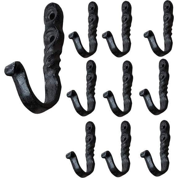 Astor Wall Mount Cast Iron Hooks Coat Towel Bag Hat Hanger Multiuse Entryway Railroad Spike Rack Black Set of 10