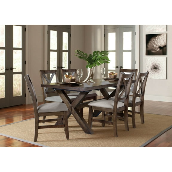 Astoria 7-Piece Dining Set: Dark Brown Wood Table & Chairs, Seats 6-8, Expandable, Vegan Leather Seats, Asian Hardwood, Perfect for Dining Room.