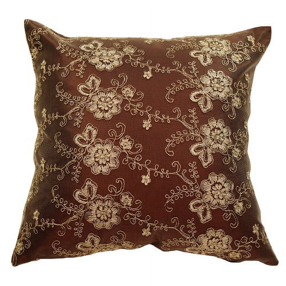 Brown Embroidered Floral Polyester Square Throw Pillow