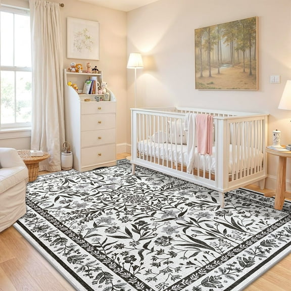 Astorug 4x6 Ft Black Floral Area Rug - Machine Washable Low Pile Non-Slip Carpet, Boho Vintage Farmhouse Decor for Living Room, Bedroom, Nursery & Office