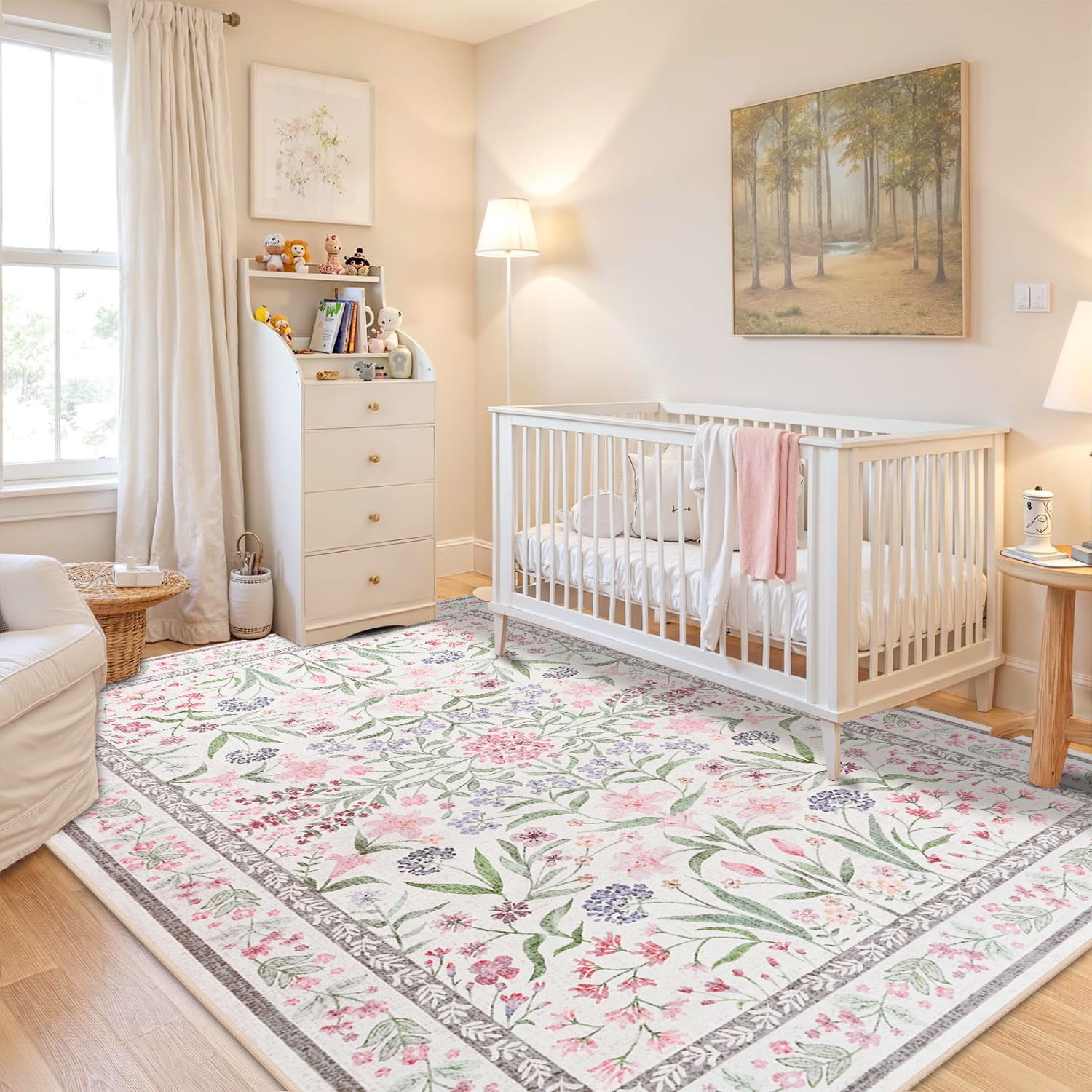 Astorug 4x6 Ft Pink Floral Area Rug - Machine Washable Low Pile Non-Slip Carpet, Boho Vintage Farmhouse Decor for Living Room, Bedroom, Nursery & Office