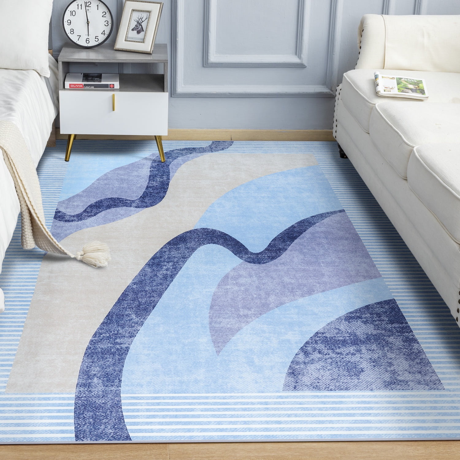 Astorug 4x6 Machine Washable Low Pile Soft Area Rug, Non-Slip Abstract Rug for Living Room, Bedroom, Blue