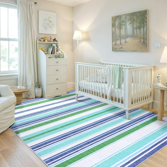 Astorug 4x6 ft Blue Machine Washable Rug Geometric Striped Low-Pile Carpet, Non-Slip Boho Design for Bedroom/Office/Kitchen