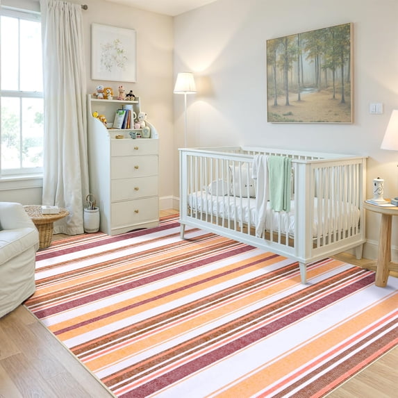 Astorug 4x6 ft Orange Red Machine Washable Rug Geometric Striped Low-Pile Carpet, Non-Slip Boho Design for Bedroom/Office/Kitchen