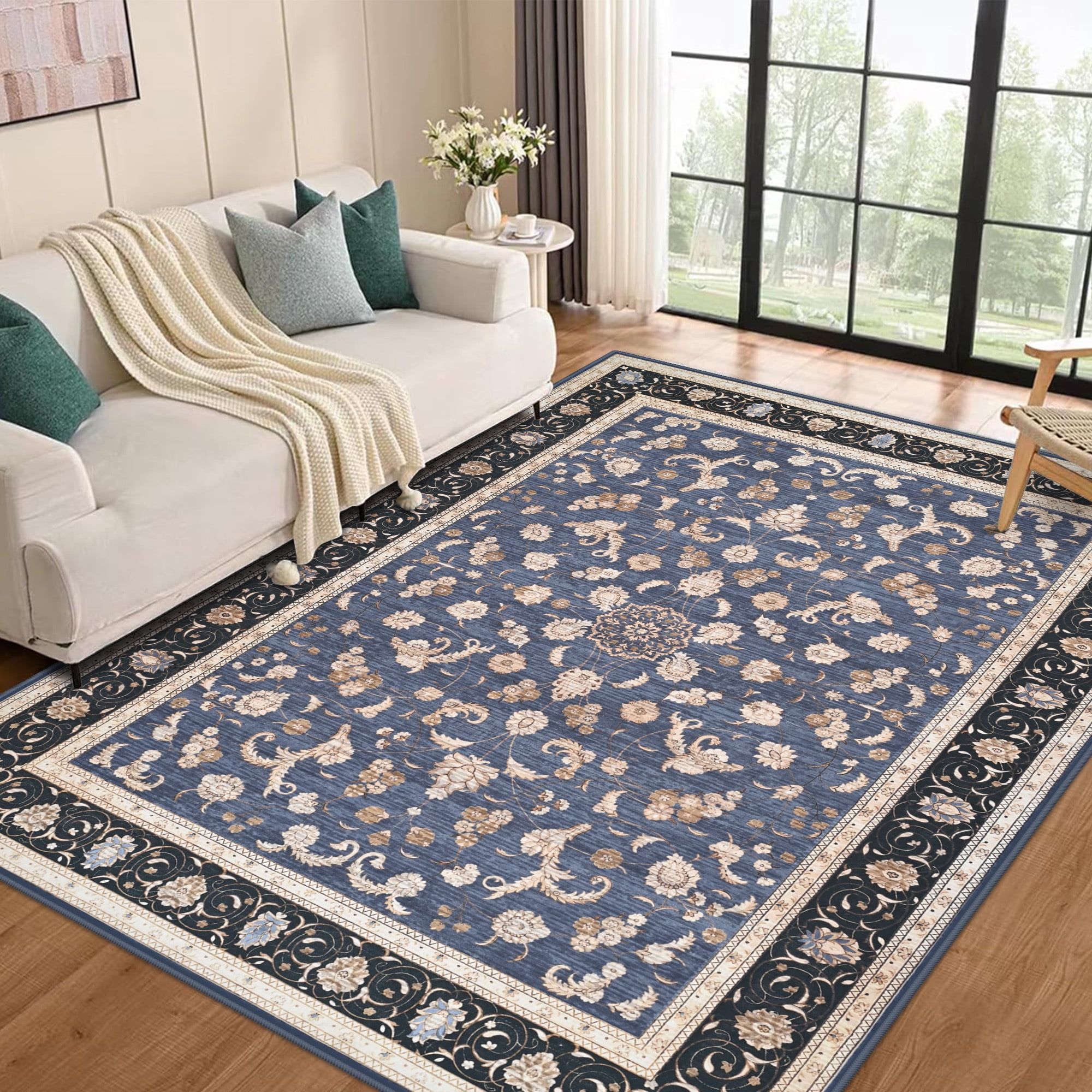 Astorug 5x8 Ft Blue Floral Area Rug - Machine Washable Low Pile Non-Slip Carpet, Boho Vintage Farmhouse Decor for Living Room, Bedroom, Nursery & Office