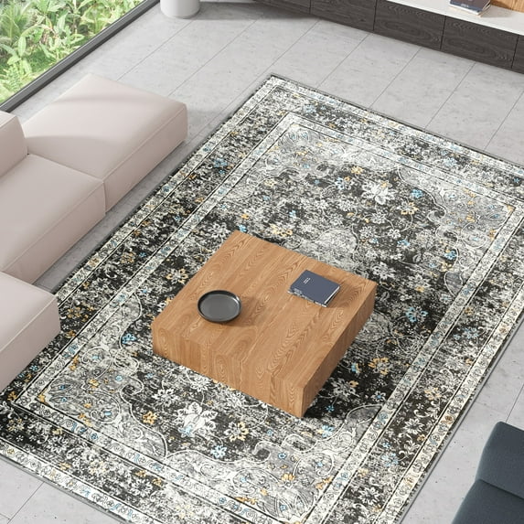 Astorug 5x8 Washable Non-Slip Boho Vintage Rug for Living Room/Entryway/Dining, Dark Gray