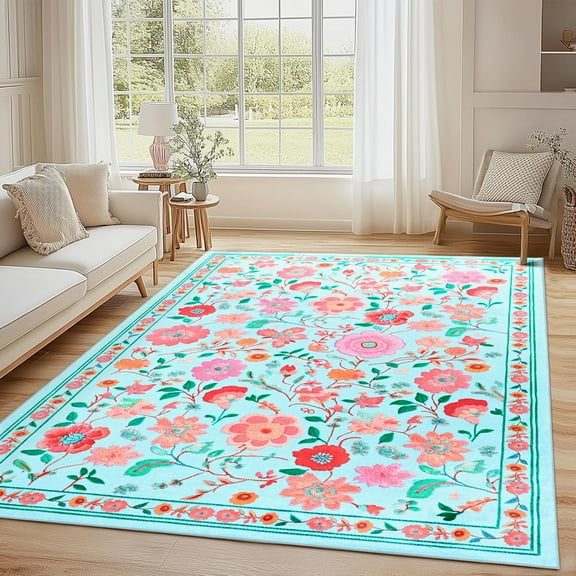 Astorug 5x8 ft Blue Washable Area Rug - Low Pile Non-Slip Bohemian Floral Design for Bedroom, Living Room, Dining Room, Office & Kids Room