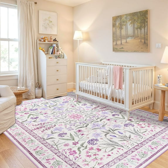 Astorug 6x9 Ft Purple Floral Area Rug - Machine Washable Low Pile Non-Slip Carpet, Boho Vintage Farmhouse Decor for Living Room, Bedroom, Nursery & Office