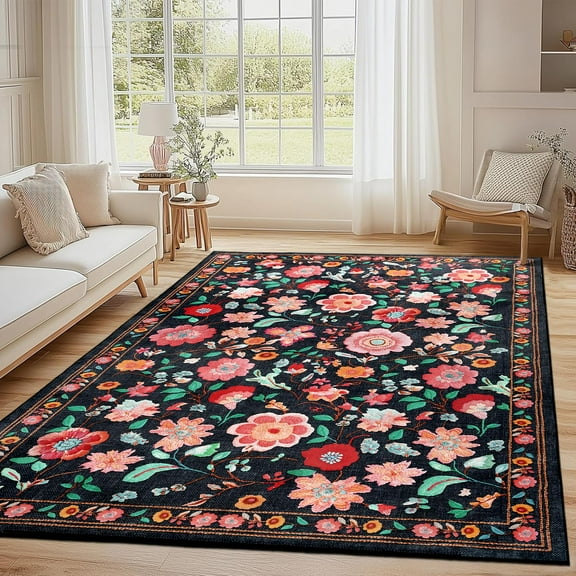 Astorug 6x9 ft Black Washable Area Rug - Low Pile Non-Slip Bohemian Floral Design for Bedroom, Living Room, Dining Room, Office & Kids Room