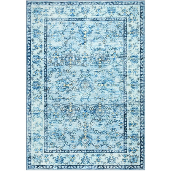 Astorug Low-Pile Vintage Boho Rug - 4x6ft Indoor Carpet for Living Room, Bedroom, Kitchen - Blue