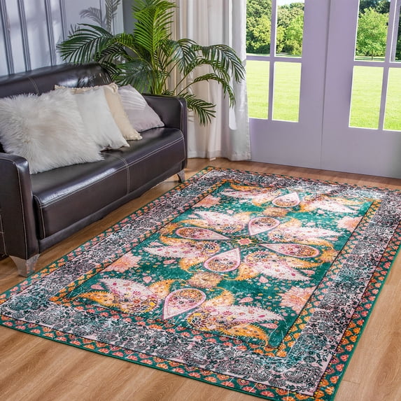 Astorug Machine Washable Vintage Rug - 5x8ft Non-Slip Low Pile Area Carpet - Rubber Backing for Living Room, Bedroom, Kitchen - Green