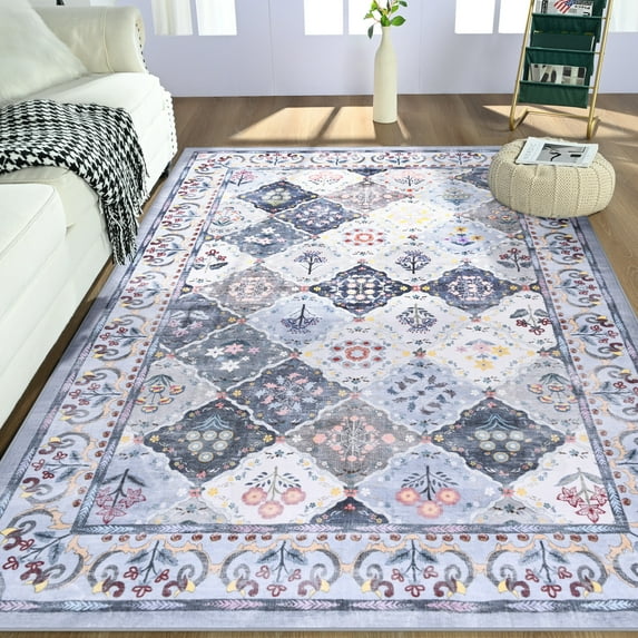 Astorug Moroccan Vintage Trellis Area Rug - Low-Profile Non-Slip, Machine Washable 5x8 Feet Indoor Rug for Living Room, Bedroom, Dining Room, Office, Nursery - Blue