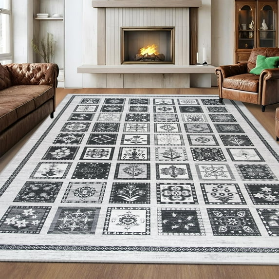 Astorug Washable Non-Slip Area Rug 5x8 Feet - Boho Moroccan Geometric for Living Room, Bedroom, Dining Room, Office, Black