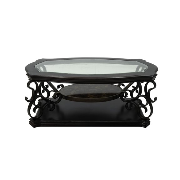 Astounding Cocktail Table With Glass, & Metal Wonder In Dark Brown, Glass Top Shelving,