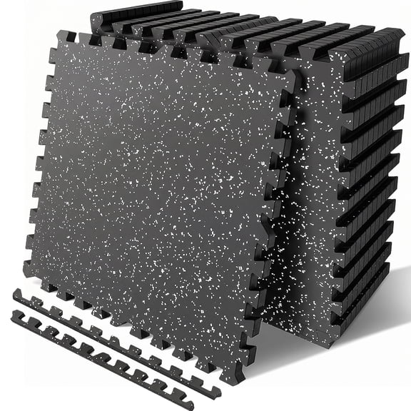 0.78 in Thick Gym Floor Mats, 12 Tiles, 24 x 24 in, Interlocking EVA Foam, Black White
