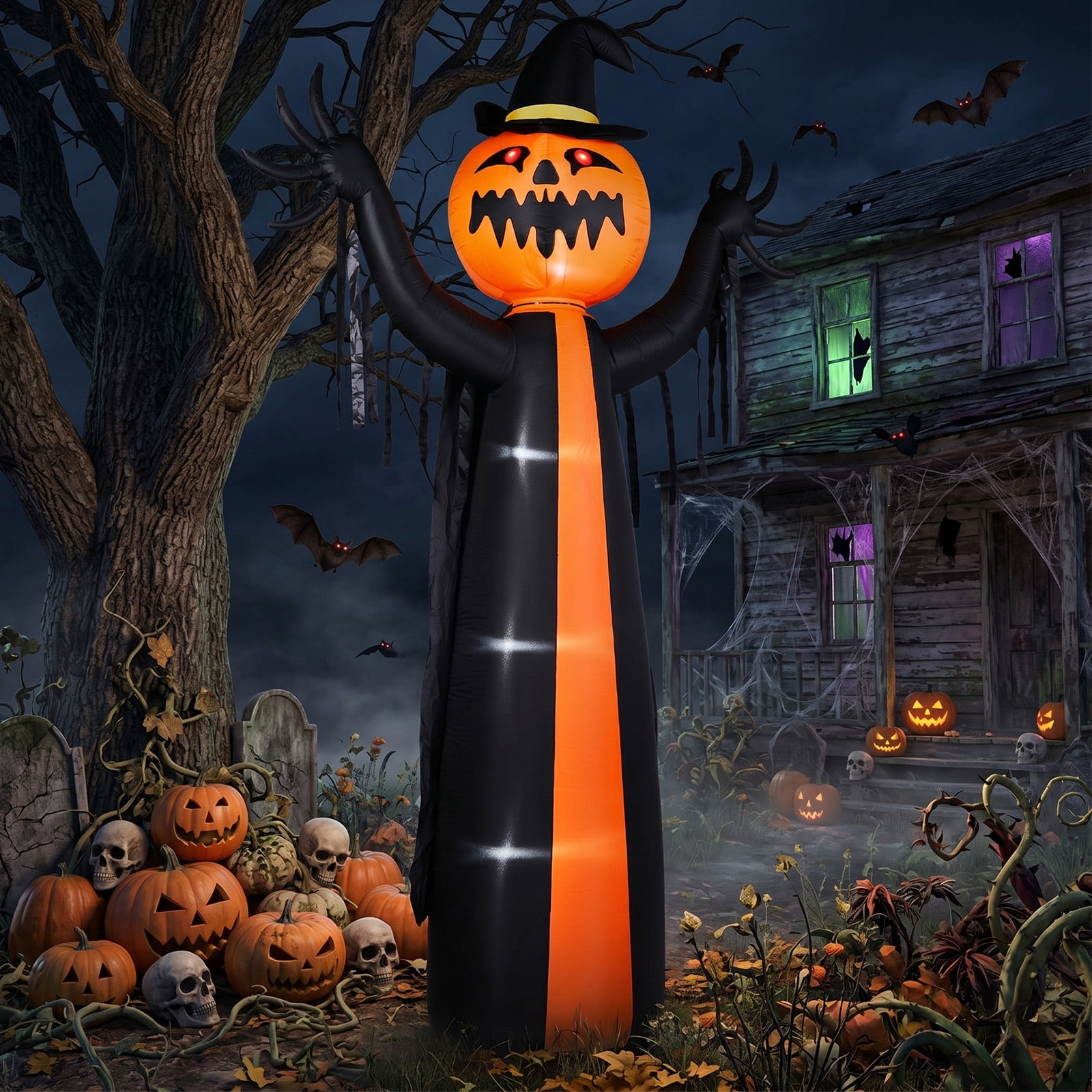 Astoutdoor 10 ft Inflatable Halloween Pumpkin Ghost with Rotatable Head and Cape, 6 Built-in LED Lights, Black and Orange, 12V 2000mA US Power Adapter