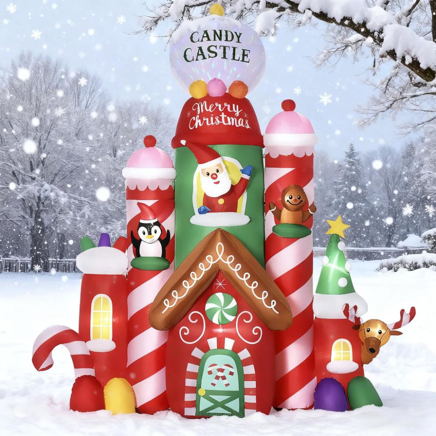 10ft Christmas Inflatables Candy Castle with Santa, Penguin, Gingerbread Man and Elk, Red