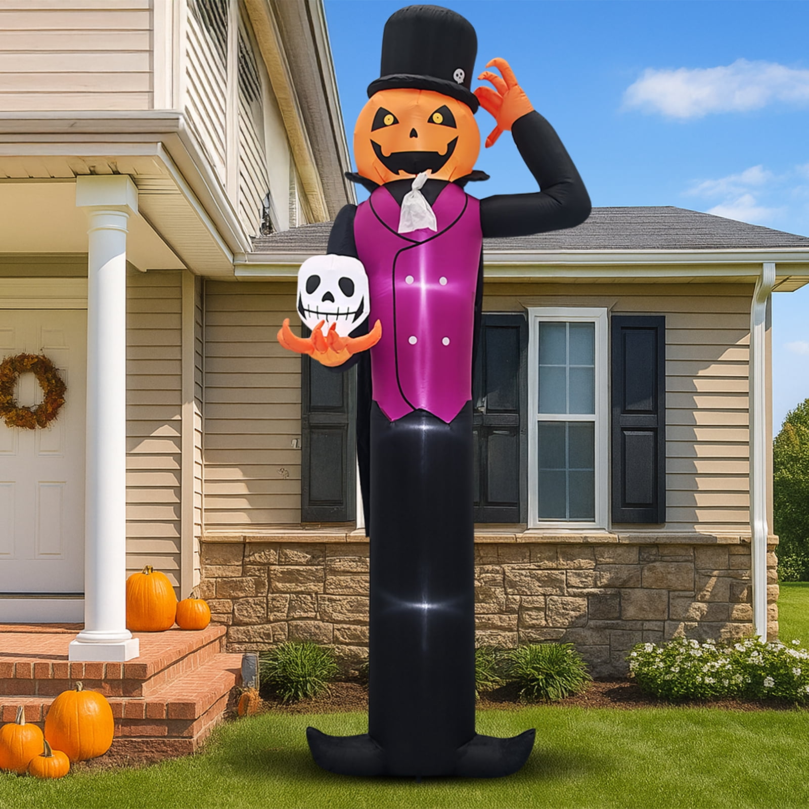 Astoutdoor 12 ft Halloween Inflatable Pumpkin Man Holding Skull with Built-in White LEDs