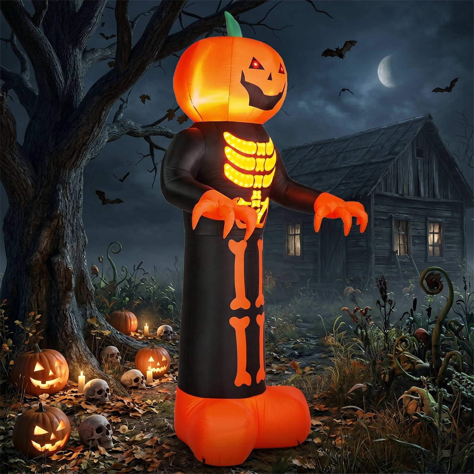 Astoutdoor 12 ft Inflatable Halloween Decoration with Skeleton Ribs, Pumpkin and Grim Reaper, 3 LED Lights and 115 Count String Lights, Black and Orange, 12V 2000mA US Power Adapter