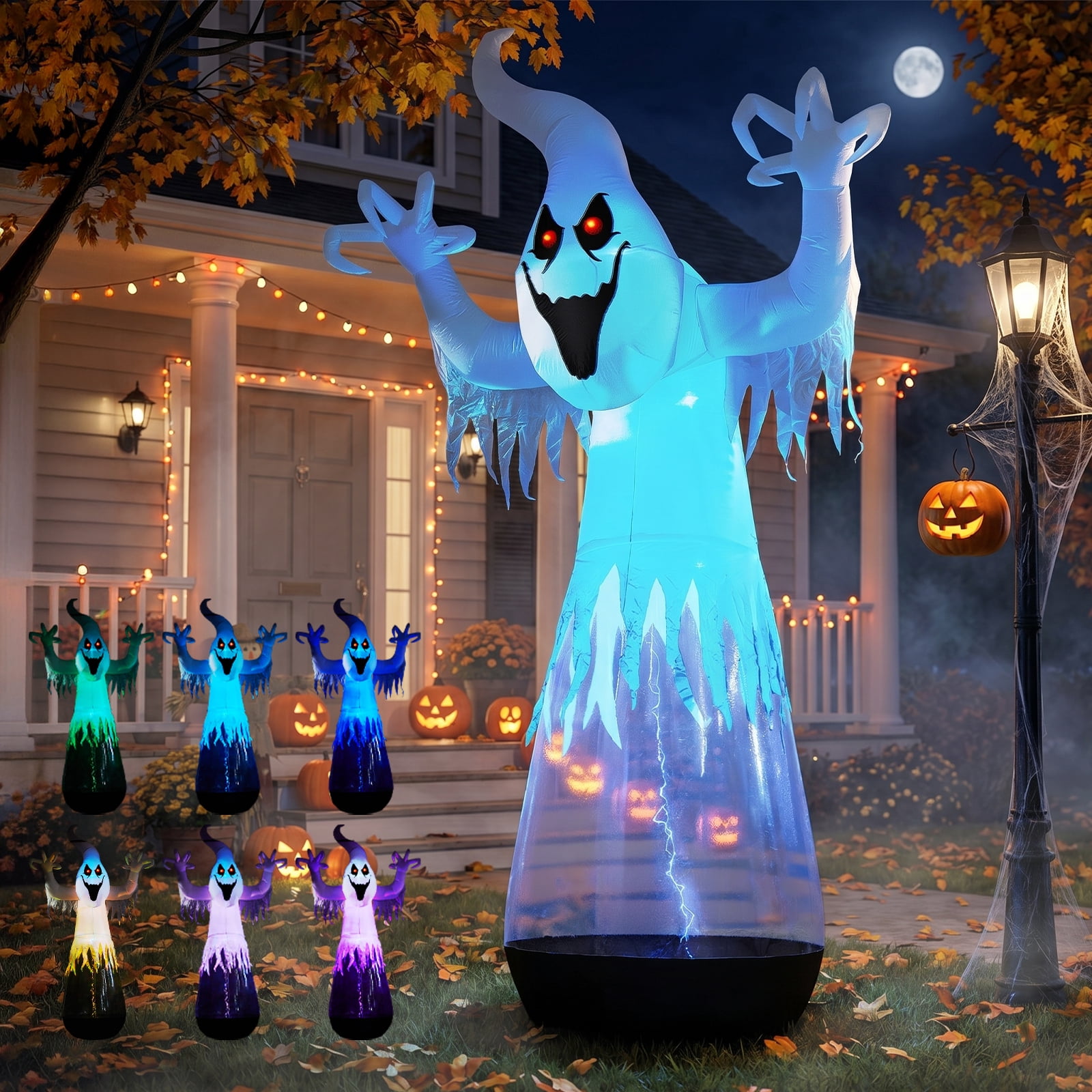 Astoutdoor 12 ft Inflatable Halloween Ghost, Half-Body Clear PVC White Ghost with 2 LED Lights and 1 Stage Light, Black and White, 12V 2000mA US Power Adapter
