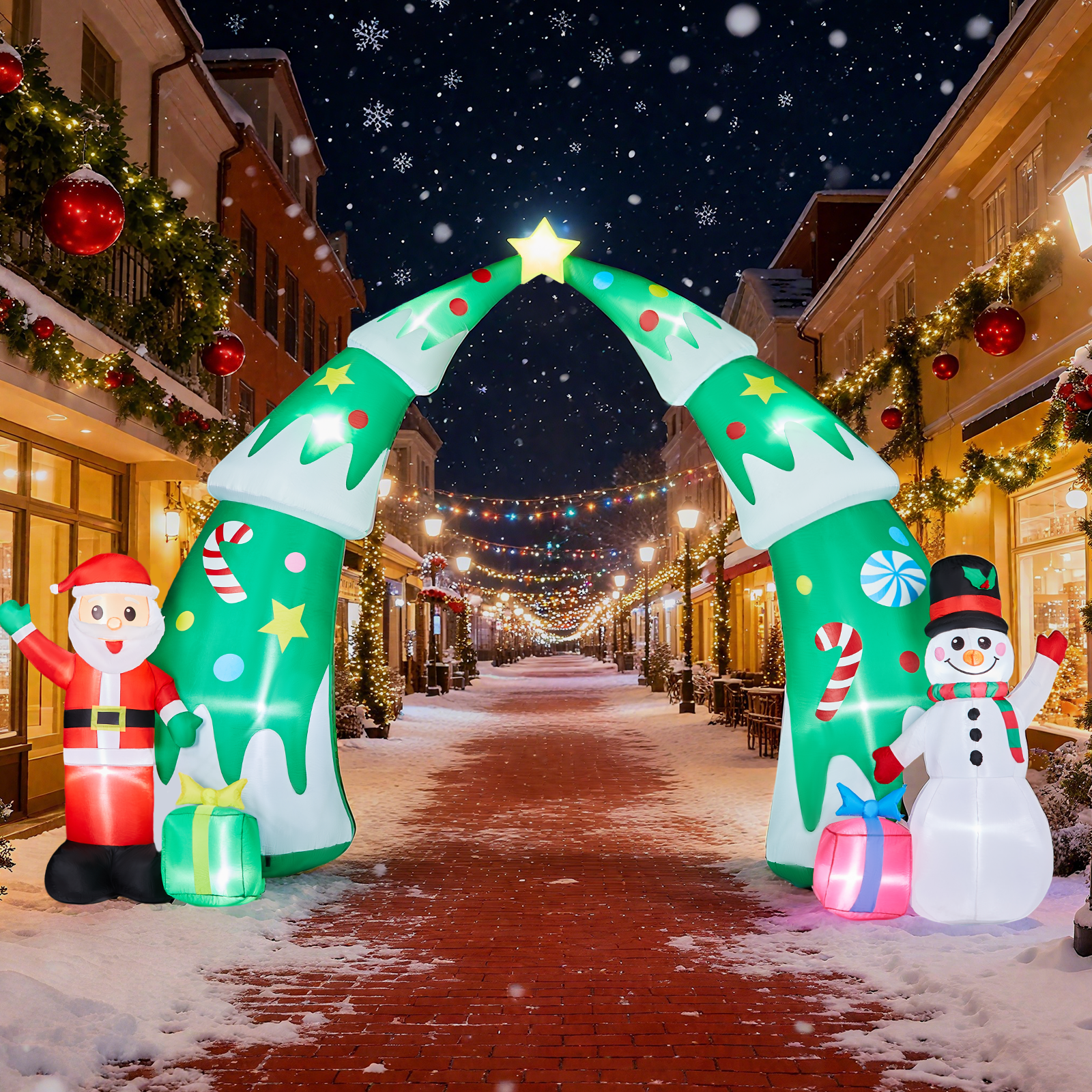 Astoutdoor 15 ft Lighted Christmas Inflatable Archway with Santa and Snowman, Built-in LED Lights, Blow Up Yard Decoration