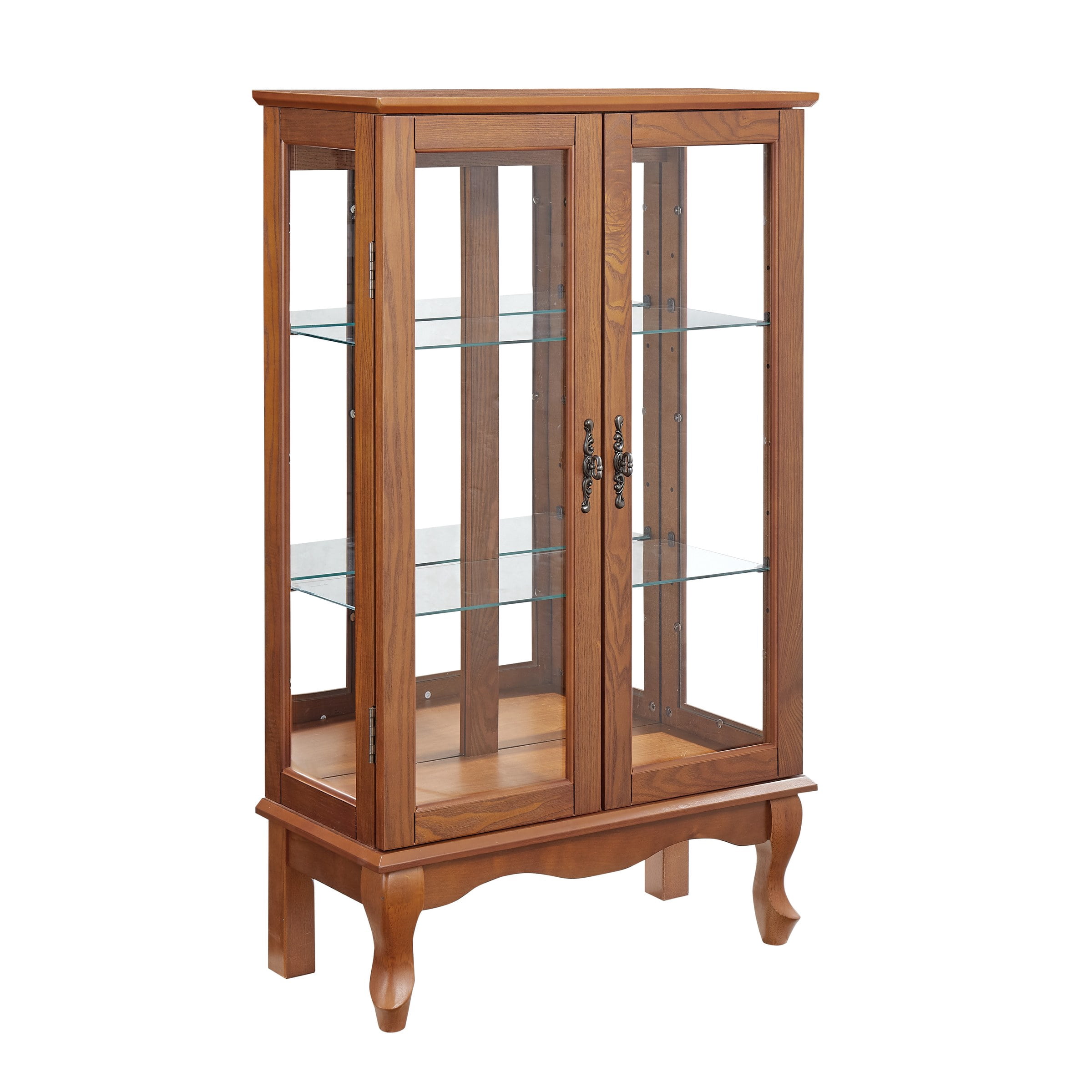 2-Door Curio Cabinet with Tempered Glass Doors, Mirrored Back Panel, Adjustable Shelves, Lighted Display Cabinet, Oak