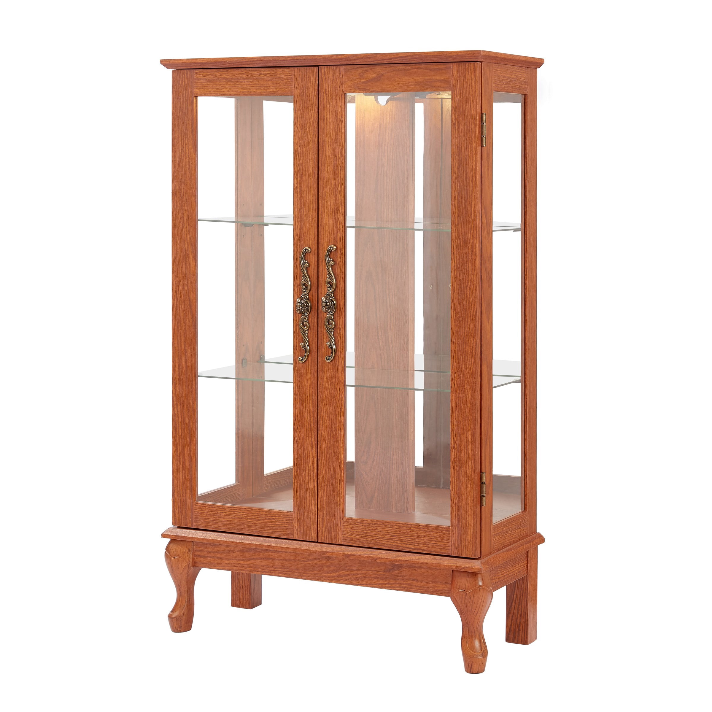 2-Door Curio Cabinet with Tempered Glass, Mirrored Back, Adjustable Shelves, Lighted Display Cabinet, Dark Oak