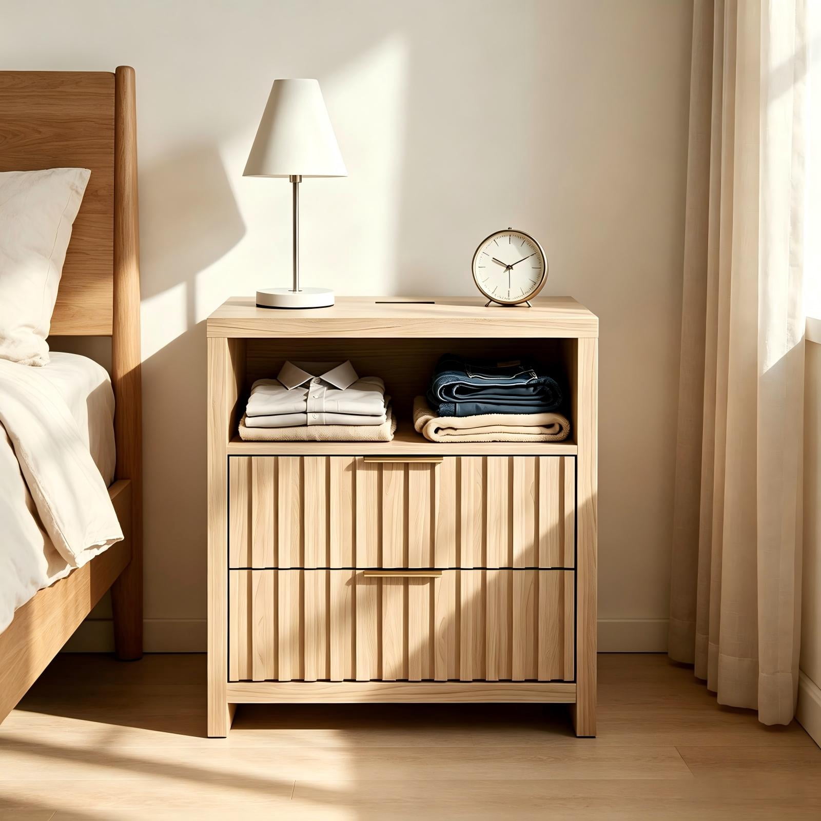 Astoutdoor 2-Drawer 1-Shelf Bedside Table, Light Gray Wood, 23.6 x 15.6 x 25.2 in