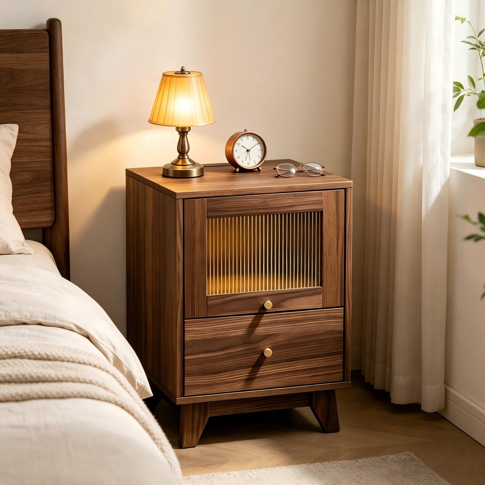 Astoutdoor 2-Drawer Bedside Table with Reeded Glass, Charging Socket, and 16-Color Light, Walnut, 15.75 x 13.74 x 24.6 in