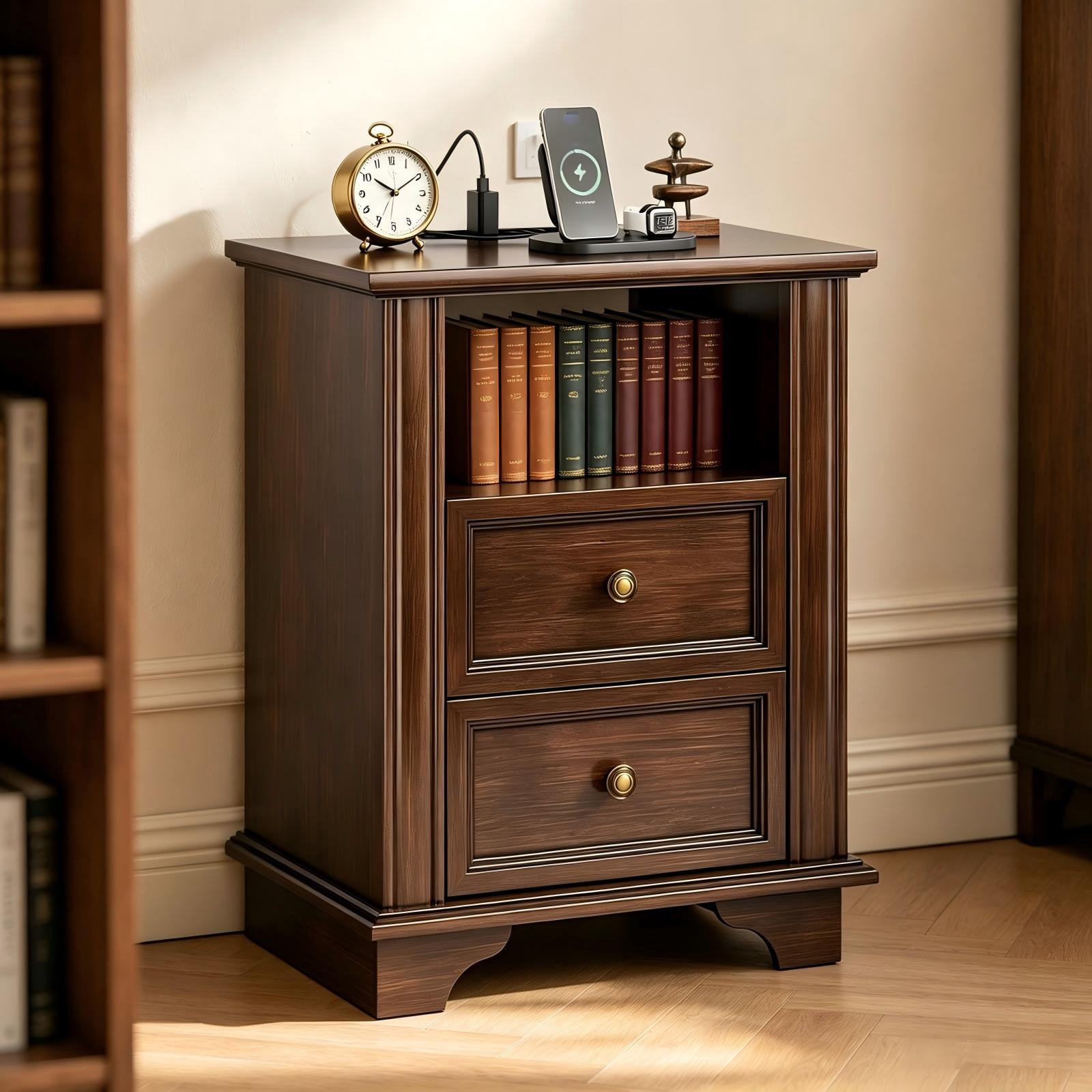 Astoutdoor 2-Drawer Bedside Table with Shelves and Sockets, Brown, 19.69 x 13.78 x 25.67 in