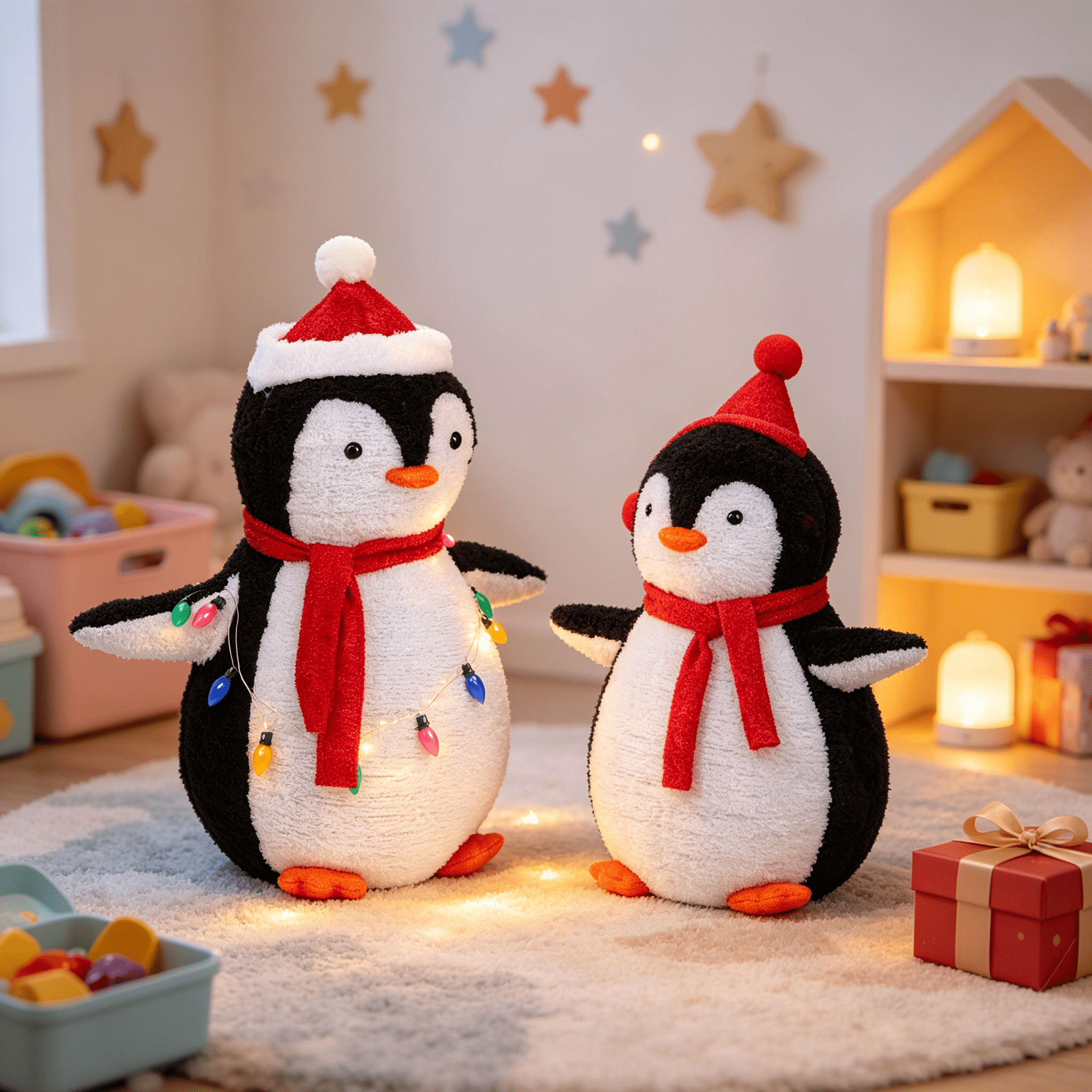 Astoutdoor 2-Piece Lighted Plush Penguin Christmas Yard Decorations, Pre-Lit Pull-Up Penguins with 150 Warm White LEDs, Multicolor Light String and Stakes