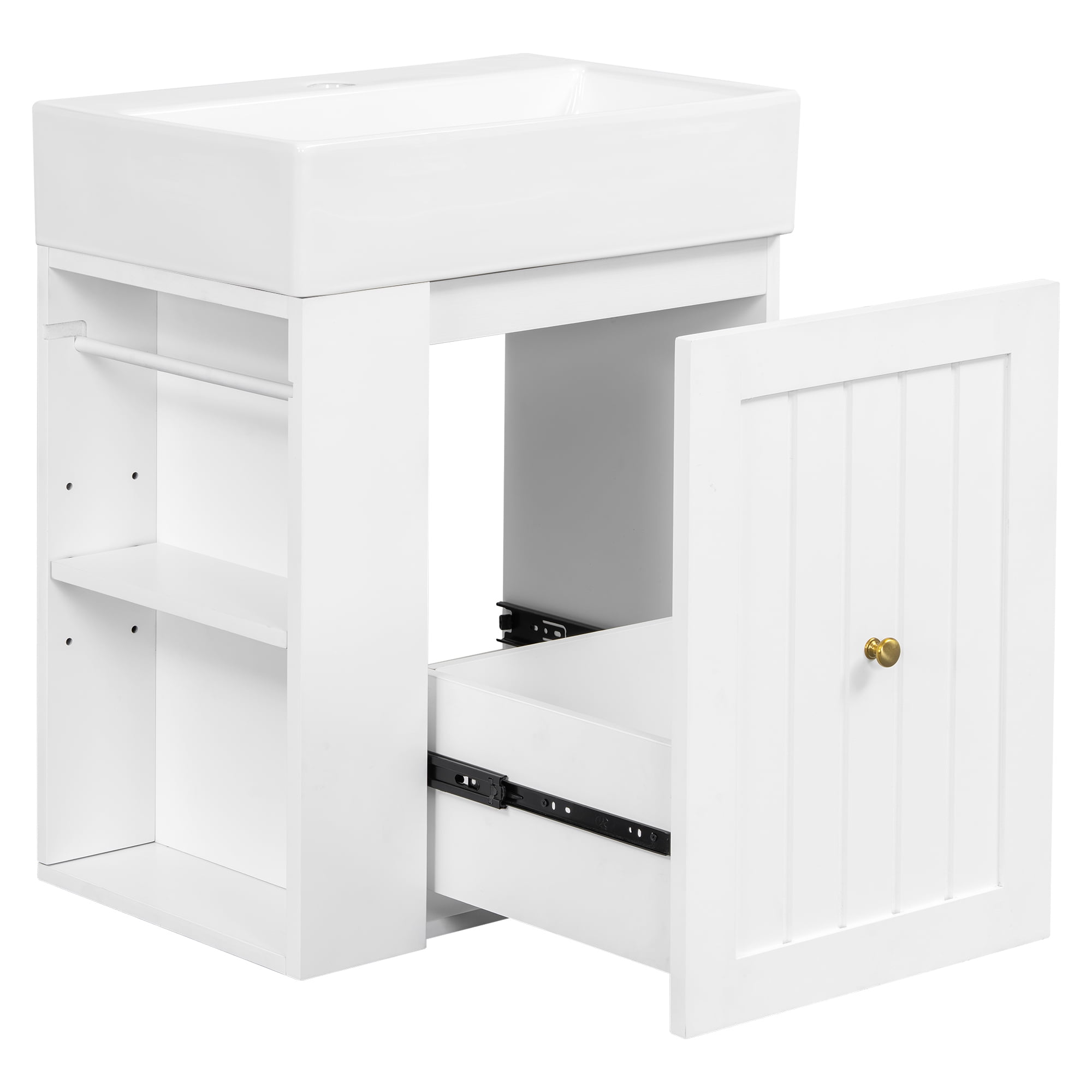 20 Inch Bathroom Vanity with Ceramic Sink, MDF Cabinet with Drawer and Side Shelf, White