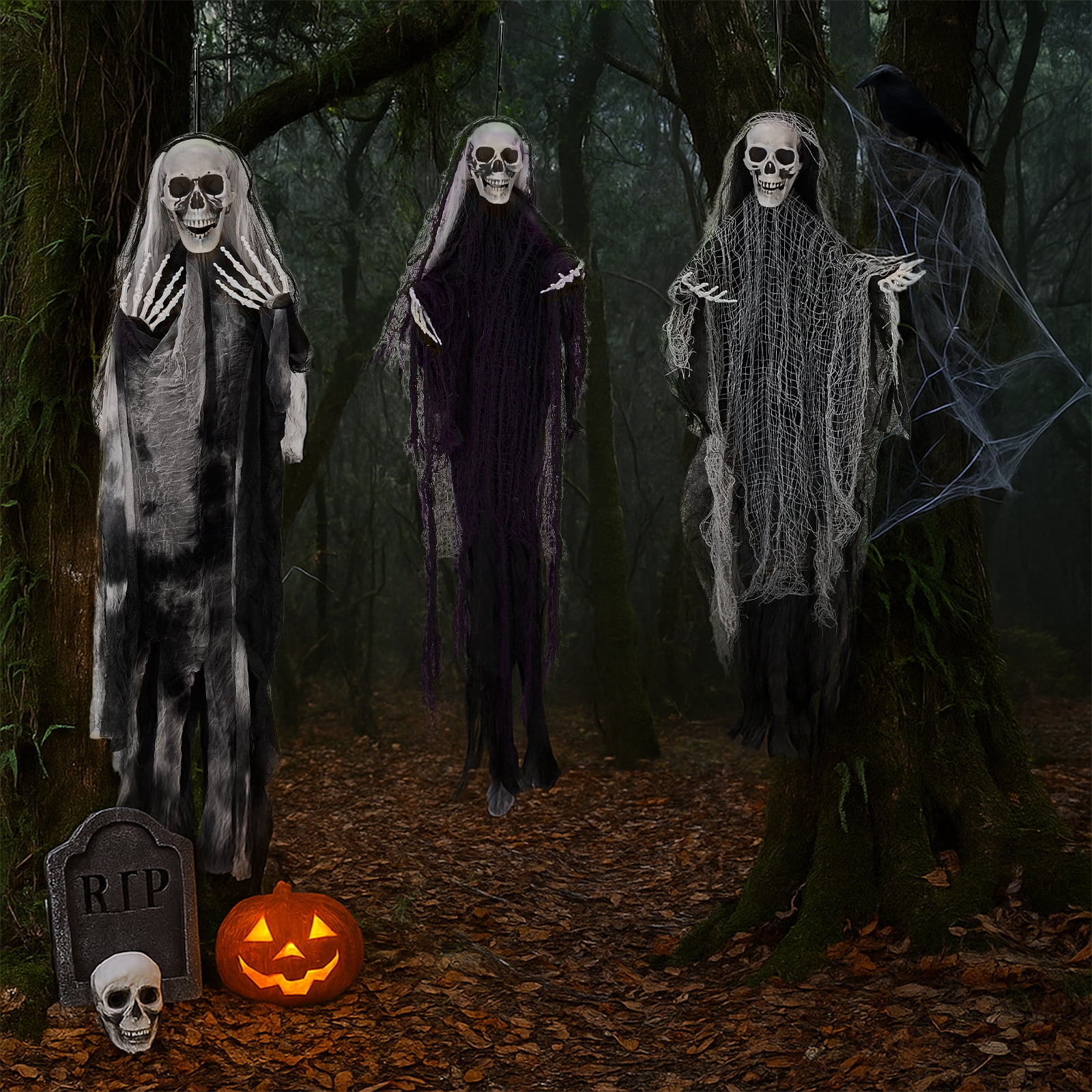 Astoutdoor 3 Pack Hanging Halloween Skeleton Ghosts Decorations, Grim Reapers for Outdoor Decor, 12.99 in