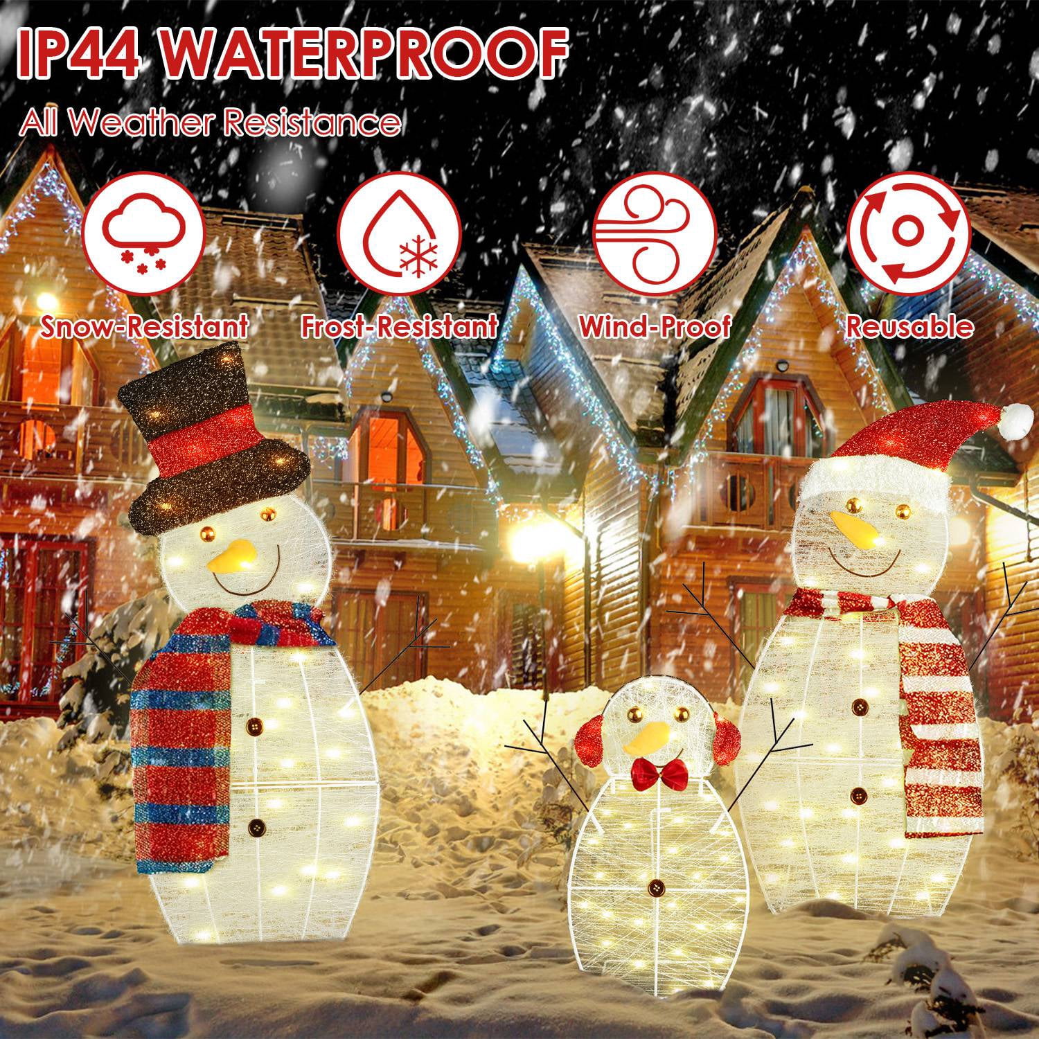 Astoutdoor 3-Piece 2D Snowman Christmas Yard Decoration, Pre-Lit LED Snowman Family, White