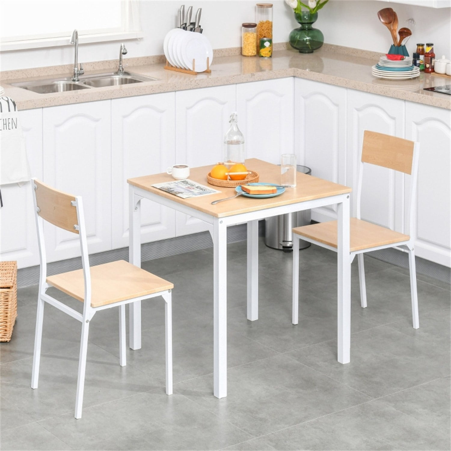3-Piece Dining Table and Chair Set, White MDF and Steel, 27.5 in Square Table with 2 Chairs