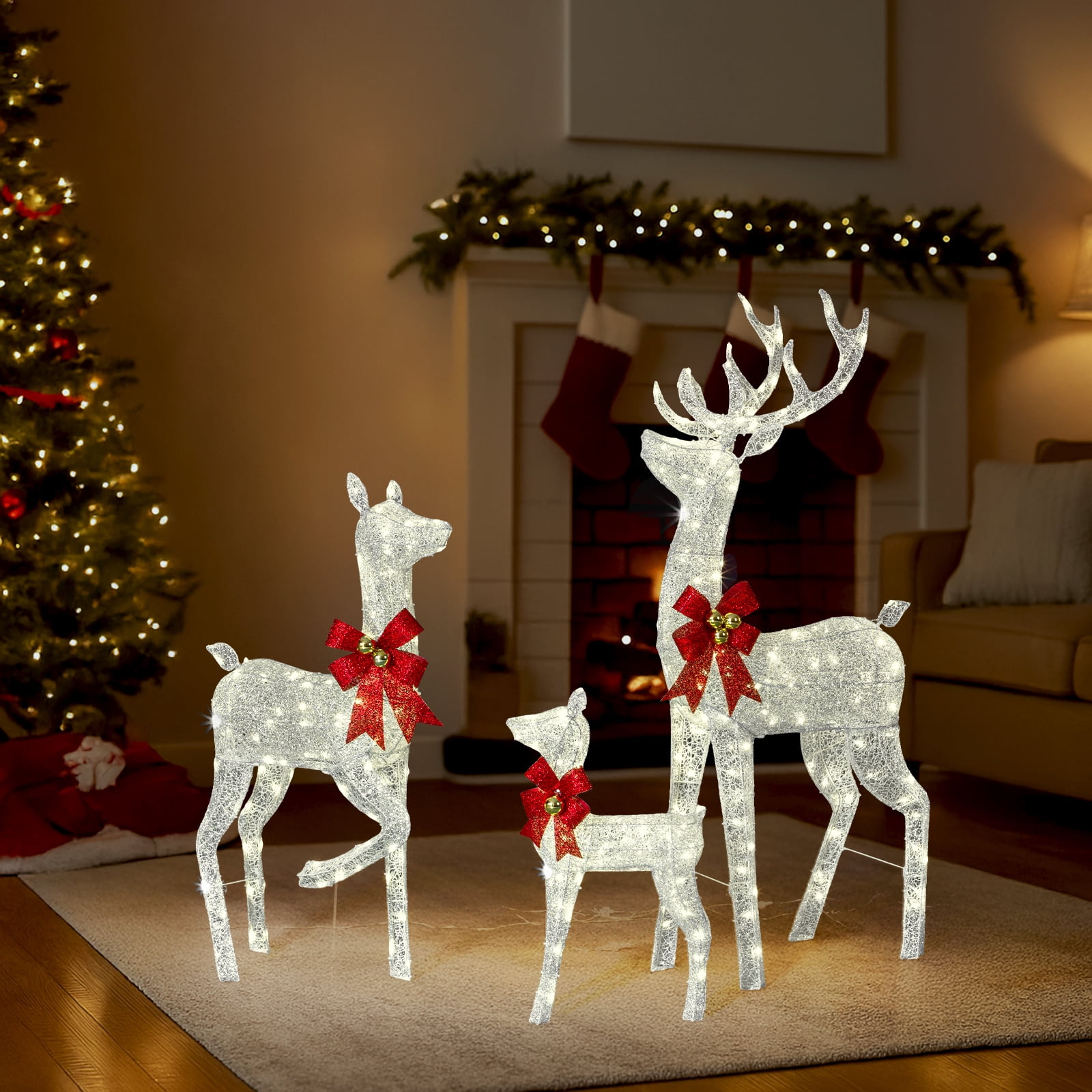 Astoutdoor 3-Piece Lighted Christmas Reindeer Family Set, Pre-Lit 290 LED Warm White Lights, Weather-Resistant Outdoor Holiday Decoration, White
