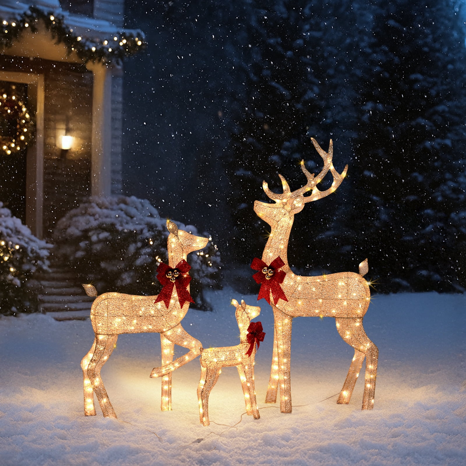 Astoutdoor 3-Piece Lighted Christmas Reindeer Family Set, Pre-Lit 290 LED Warm White Lights, White, Indoor Outdoor Holiday Decoration