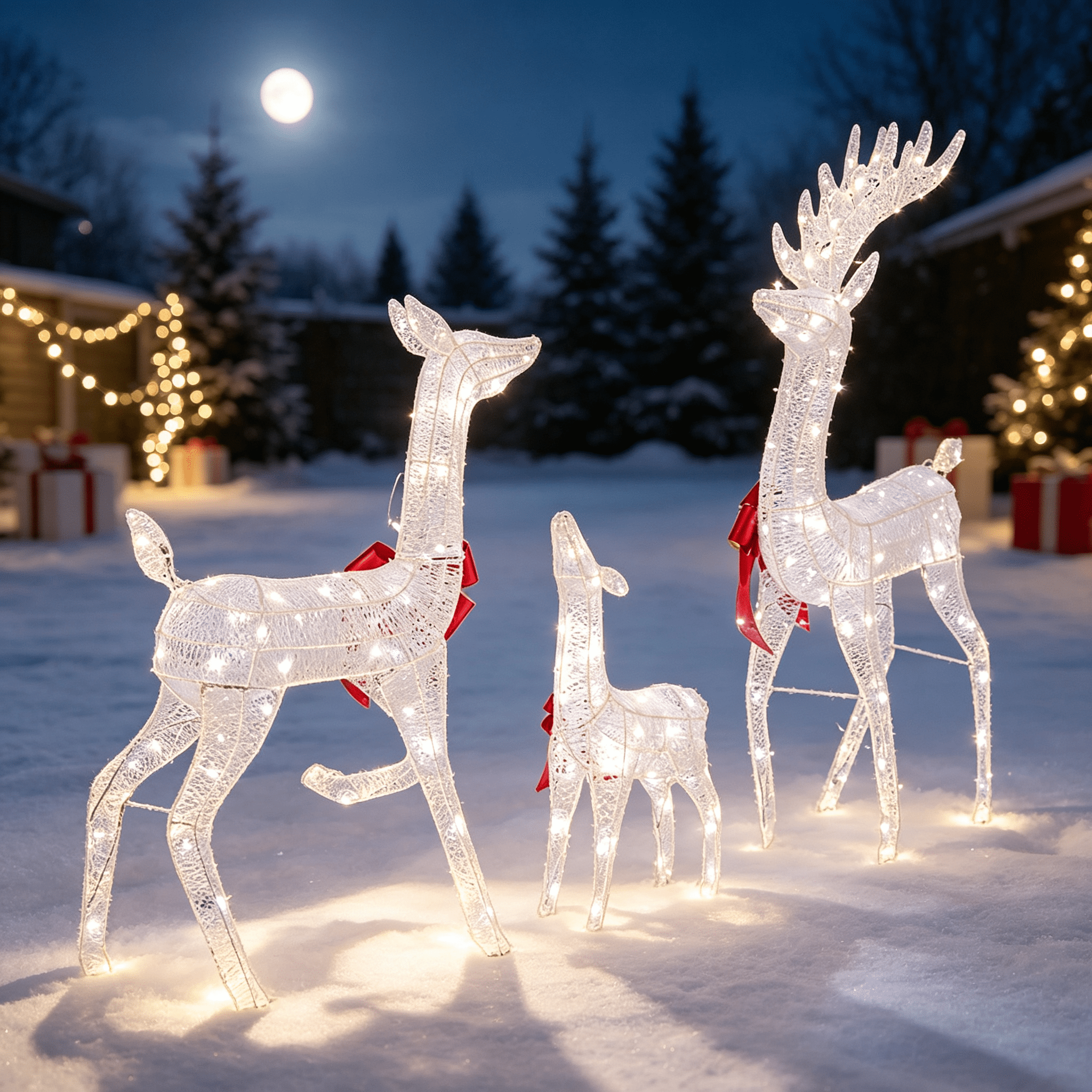 Astoutdoor 3-Piece White Iron Frame Elk Decoration Set with Lights, 54 x 20 x 122 cm