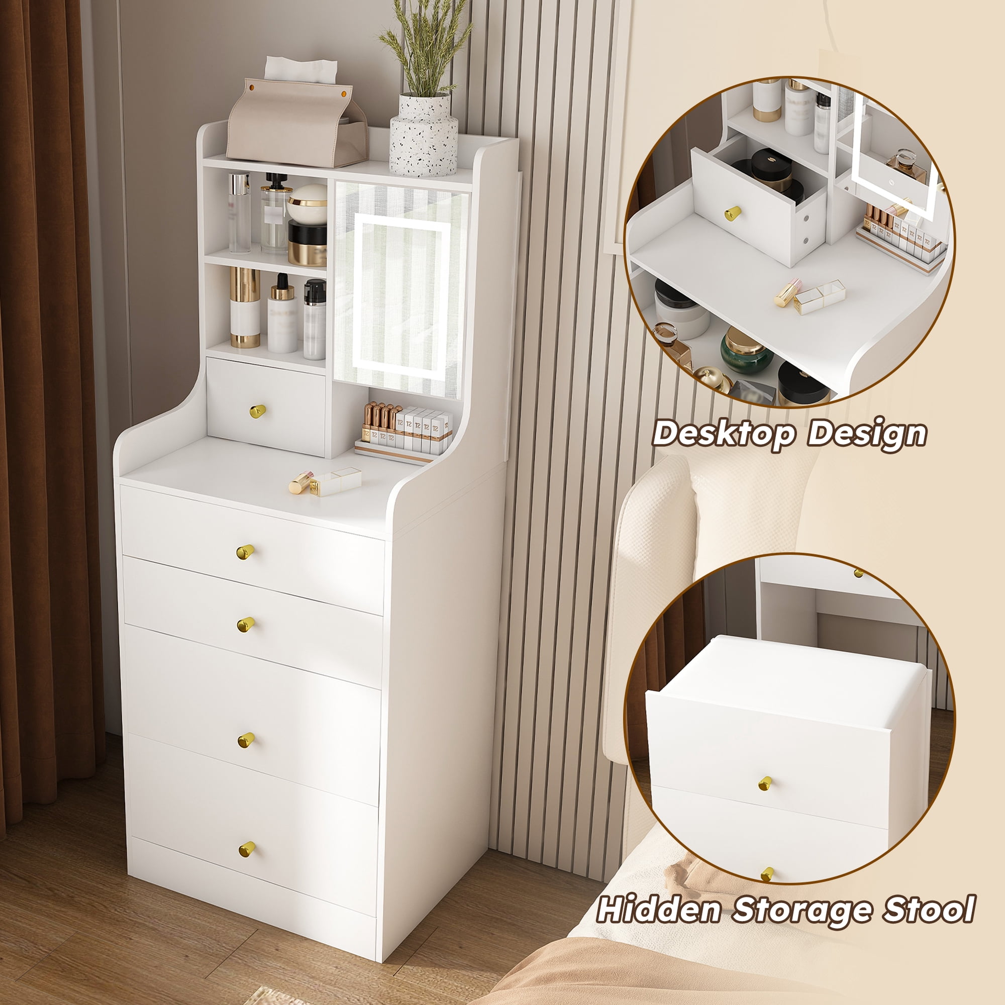 3-in-1 Dressing Table with LED Mirror & Storage Stool, White MDF Makeup Vanity with 4 Drawers and Bookshelf, 19.69 in L x 15.75 in W x 50.39 in H