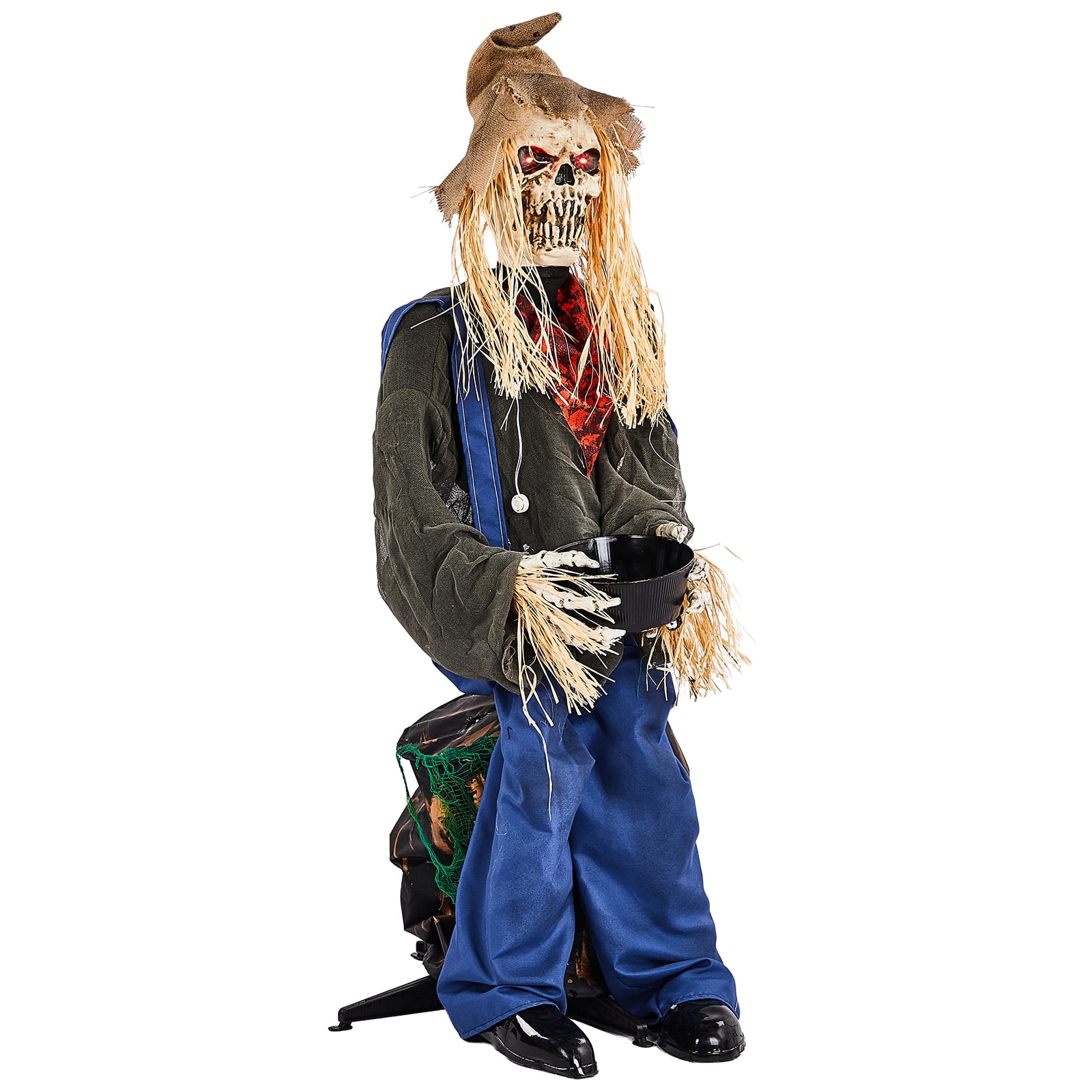 Astoutdoor 4.5 ft Halloween Sitting Scarecrow Decoration with Red Light-Up Eyes, Sound-Activated Head Movement, Male Voice, Detachable Bucket, Battery Operated
