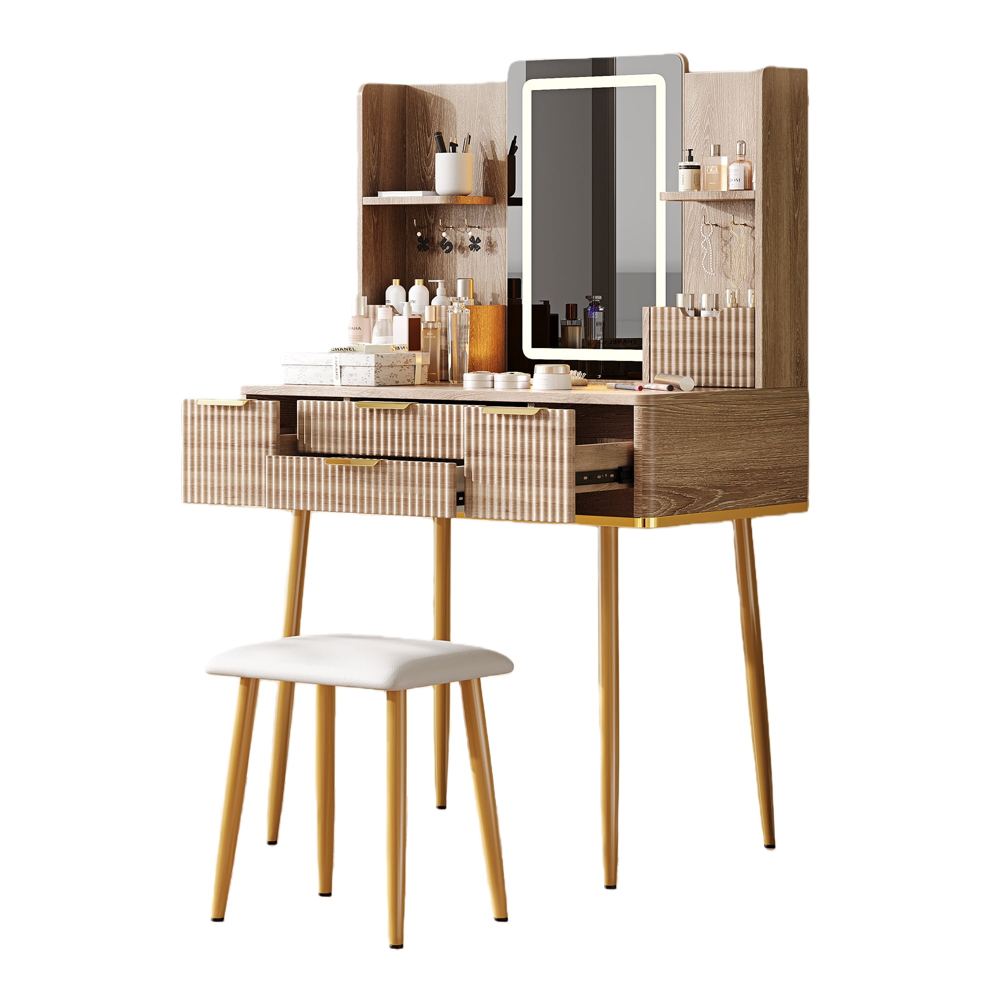 4-Drawer Vanity Desk with LED Mirror and Stool, Fluted Makeup Table with Metal Legs, Yellow Brown