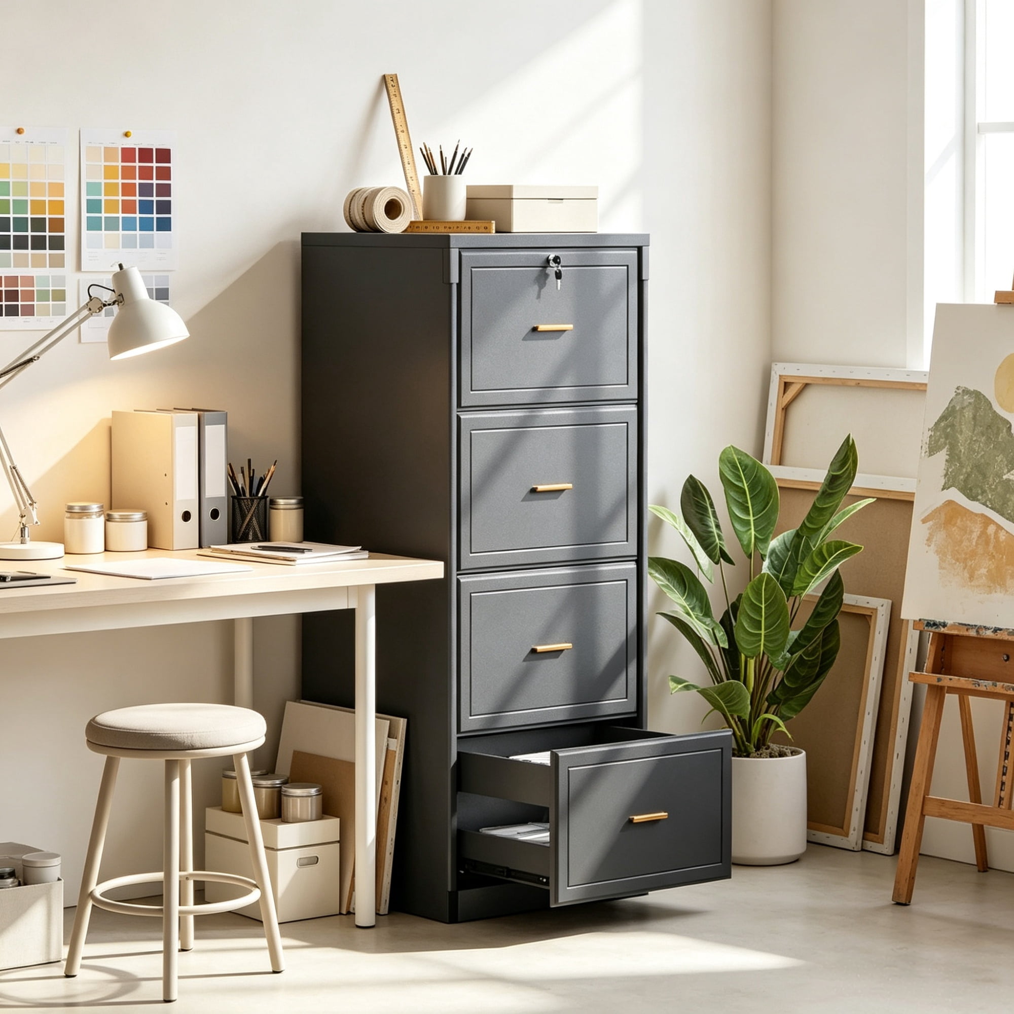 Astoutdoor 4-Drawer Vertical Filing Cabinet, MDF, 54.92 in Long, Black Linen Finish