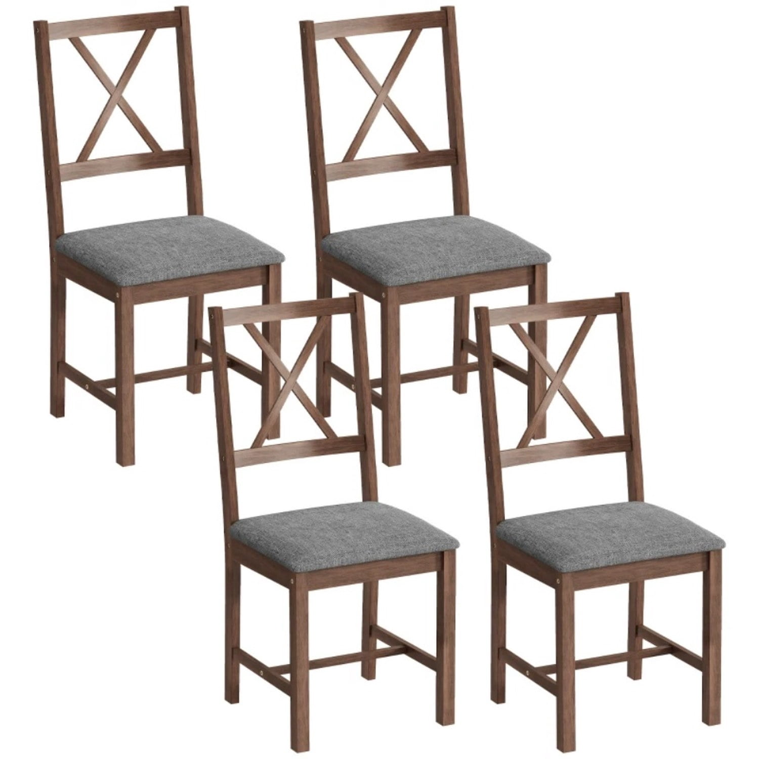 4-Piece Mid-Century Modern Dining Chairs, Walnut Finish with Gray Linen-Look Upholstery, X-Back, Padded Seat, Solid Rubberwood Frame, Armless, 264 lb Capacity