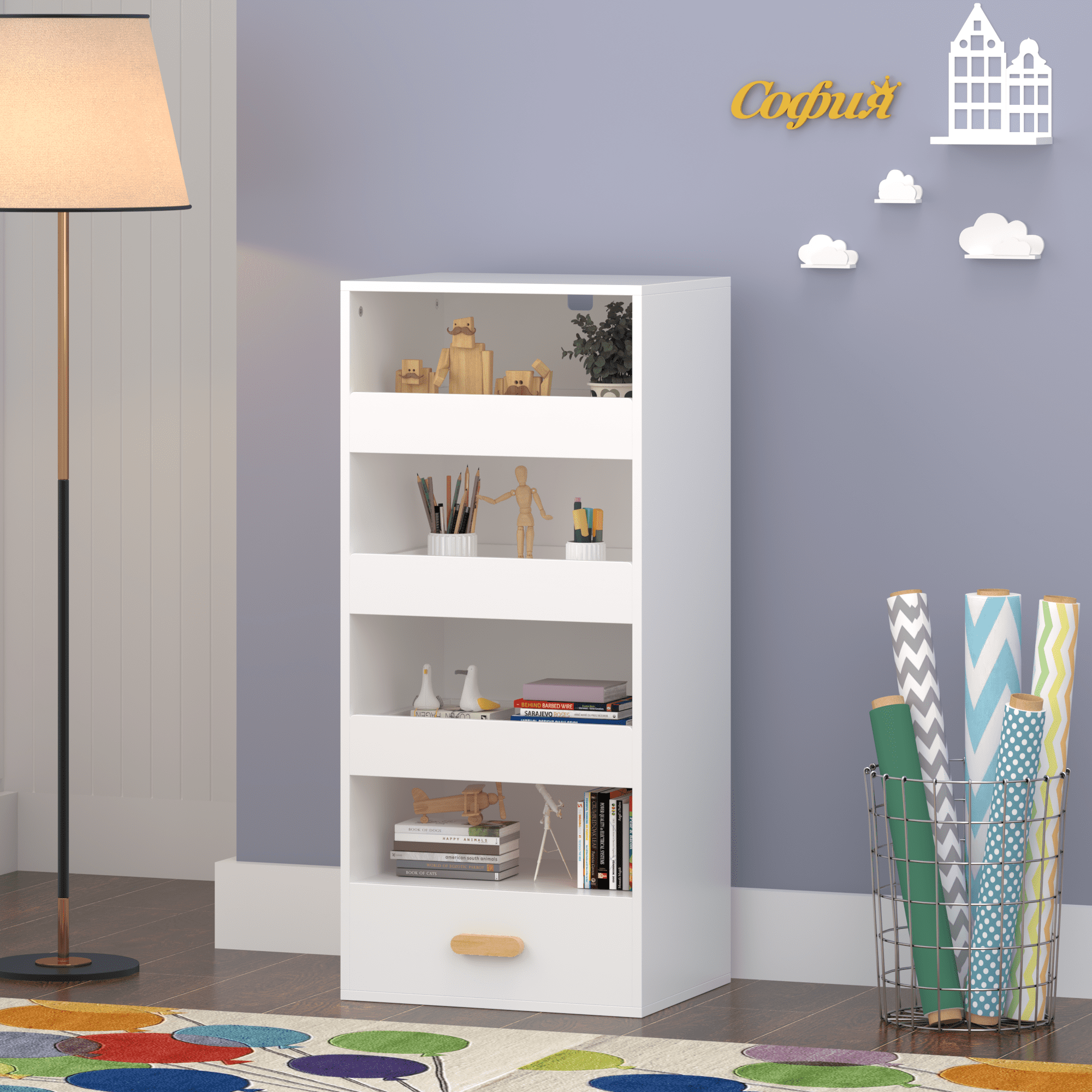 4-Tier Freestanding Bookshelf with 3 Sliding Drawers and 1 Bottom Drawer, White