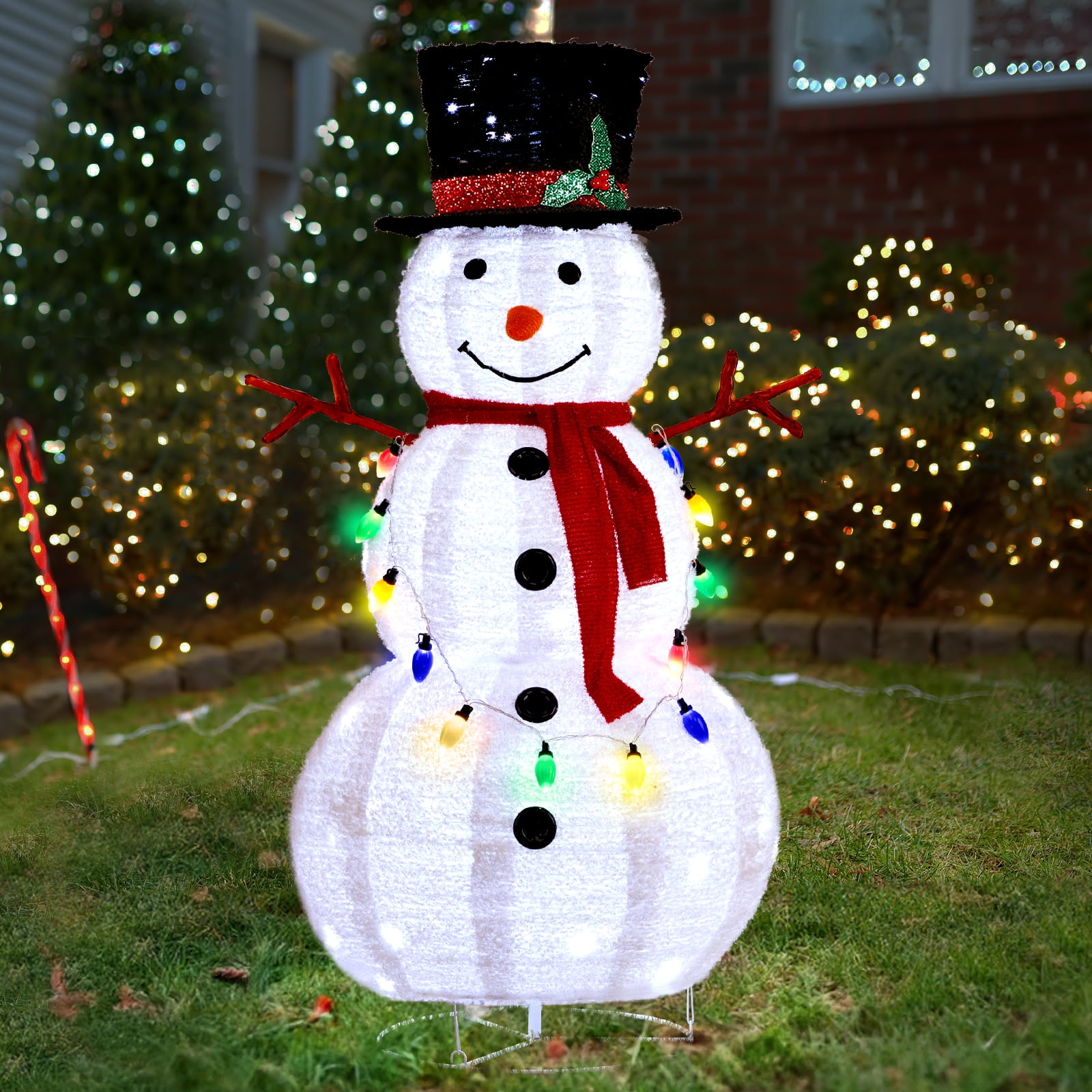 Astoutdoor 4 ft Lighted Snowman Christmas Yard Decoration, Pre-Lit Pull-Up Snowman with 100 White LEDs and Multicolor Light String, White