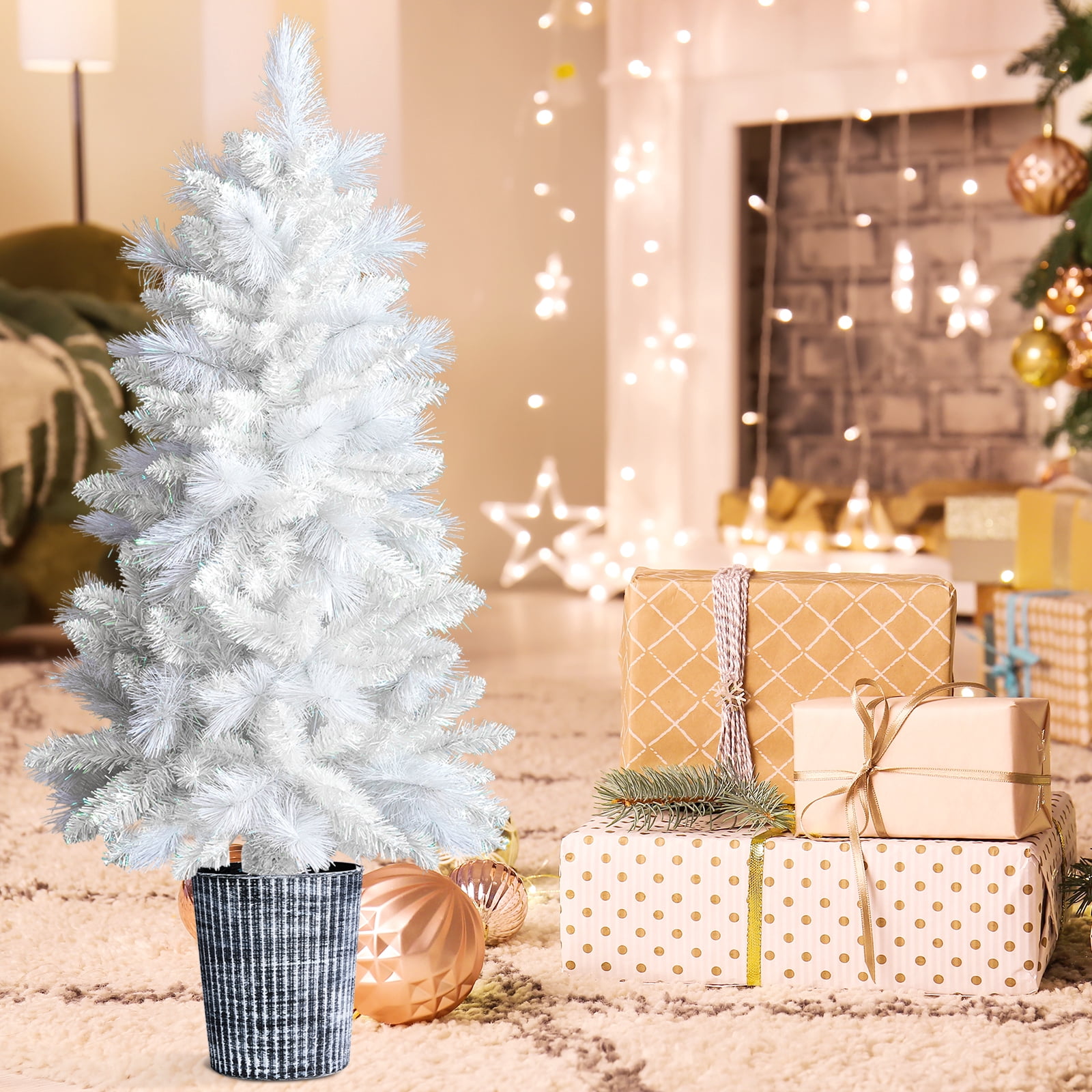 Astoutdoor 4 ft White Artificial Christmas Tree with Pot Stand, 200 Branch Tips, Potted Xmas Pine Tree for Holiday Party Office Home